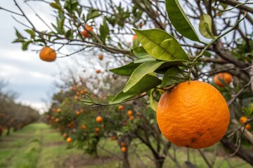 Close-up orange fruit in orange farming. Fresh orange fruit on tree at orchard