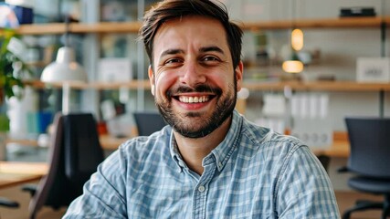 Aufkleber - Smiling man in casual shirt enjoys his time at a modern workspace in the afternoon