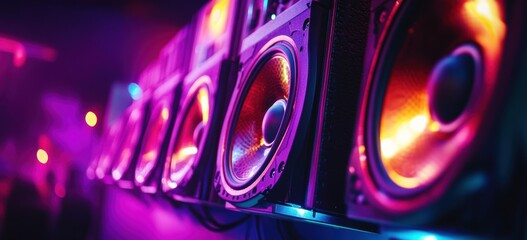 vibrant array of speakers illuminated with colorful lights, creating an energetic atmosphere.