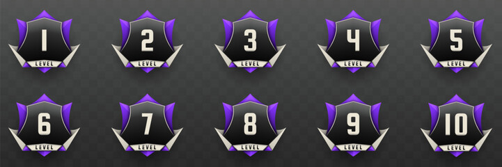 Wall Mural - game level up badges in black, silver and purple color-themed for game ui designs