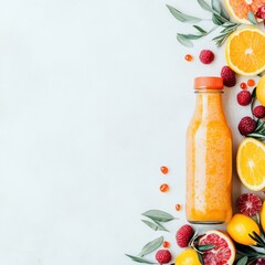 Poster - A vibrant juice bottle surrounded by fresh fruits and leaves on a light background.