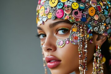 Wall Mural - Young hispanic female with colorful rhinestone and sticker adorned headpiece.