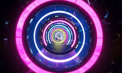 Wall Mural - Abstract colorful glowing neon light tunnel with futuristic design.