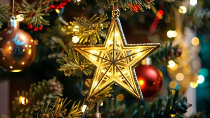 Poster - Sparkling Christmas star ornament shining on tree with colorful lights and decorations