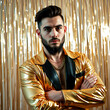 © Augustus - Portrait of bearded guy in funky outfit. Serious unfriendly rich young man in shiny golden disco jacket and gold chain necklace standing arms folded against glittering foil fringe curtain background