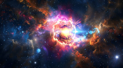 Wall Mural - Supernova explosion casting brilliant light and colorful gases into the cosmos, with distant galaxies shimmering in the background