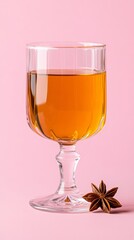 Wall Mural - Sbiten with honey dipper and star anise in a glass on a soft pink background Rich amber drink with seasonal appeal 