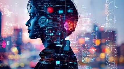 Fototapete - Exploring the intersection of technology and humanity through digital silhouettes of urban landscapes