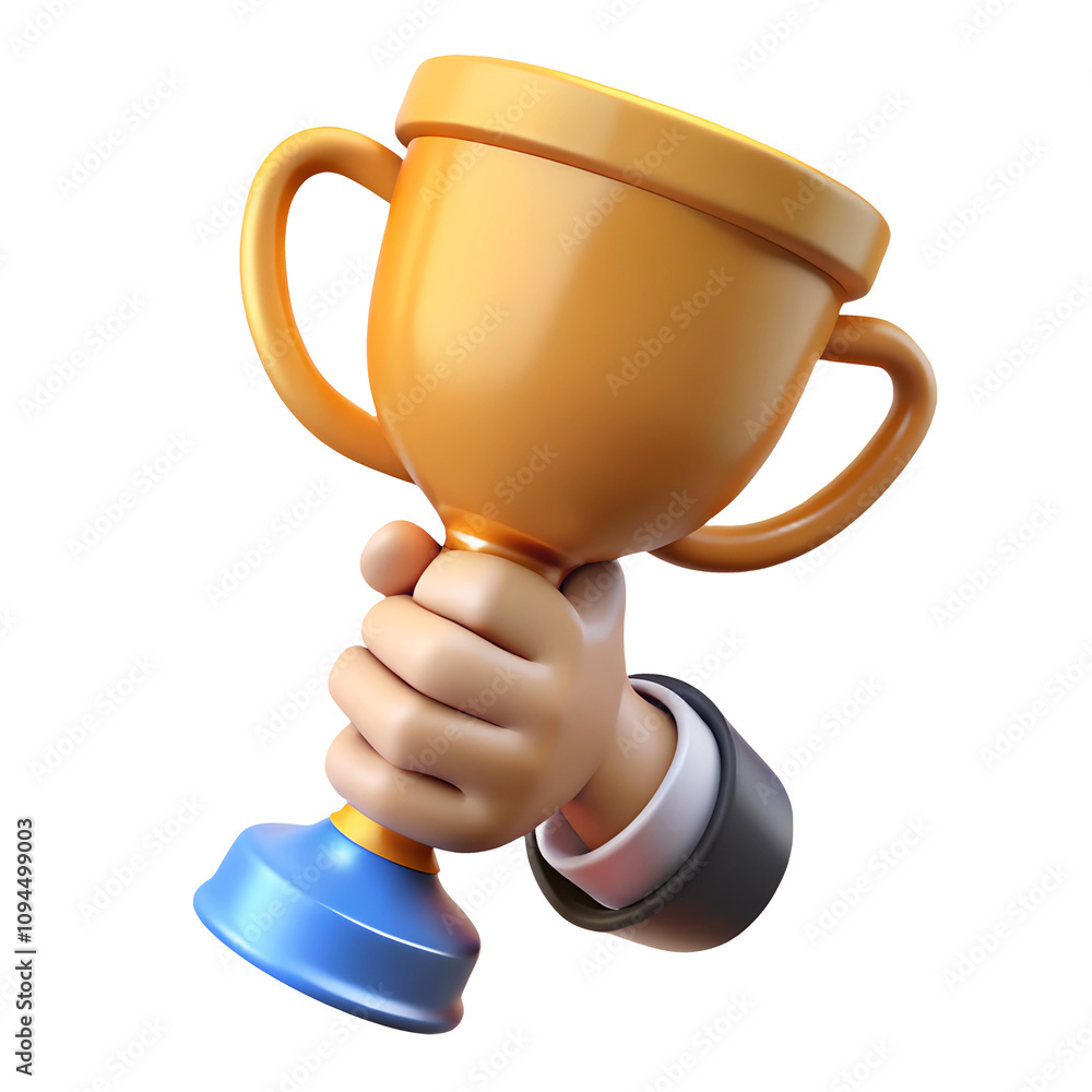 hand holding gold champion trophy cup 3d render icon in cartoon plastic ...