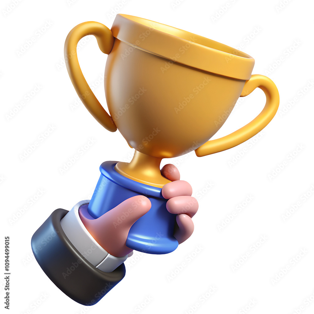 hand holding gold champion trophy cup 3d render icon in cartoon plastic ...
