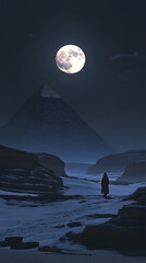 Wall Mural - full moon night at egyptian temple with sphinx and pyramids silhouette