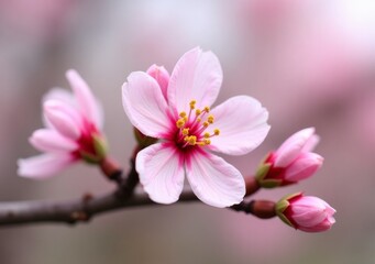 Wall Mural - Cherry blossoms bloom in spring, showcasing delicate pink petals and lush green buds