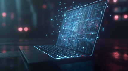 Wall Mural - a laptop emitting a holographic web of interlinked nodes, representing a secure blockchain network m