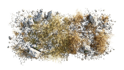Wall Mural - top view of 3d render various types of flowers, grass, bushes, shrub, stone, and small plants on tra