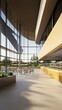 © ARTIFICIAN - Futuristic school building with glass dining hall in serene setting