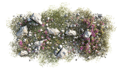 Wall Mural - top view of 3d render various types of flowers, grass, bushes, shrub, stone, and small plants on tra