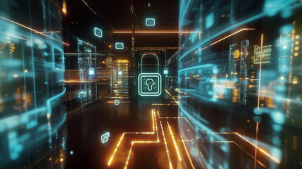 Canvas Print - a virtual interface displaying real-time cybersecurity metrics, with holographic firewalls and encry
