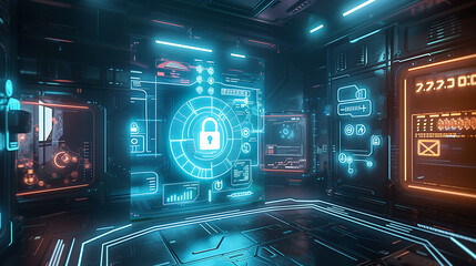 Wall Mural - a virtual interface displaying real-time cybersecurity metrics, with holographic firewalls and encry
