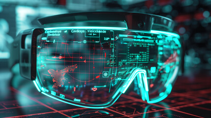 Wall Mural - augmented reality glasses projecting a 3d blueprint of a cybersecurity framework, highlighting threa