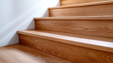 Wall Mural - Close-up view of warm oak wooden stairs leading to a cozy home interior filled with natural light