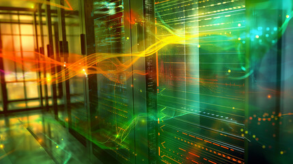 Wall Mural - holographic data streams and codes swirling around a transparent server rack in a high-tech lab, sym