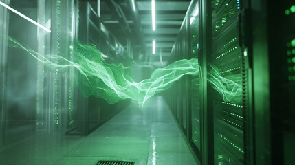 Wall Mural - holographic data streams and codes swirling around a transparent server rack in a high-tech lab, sym