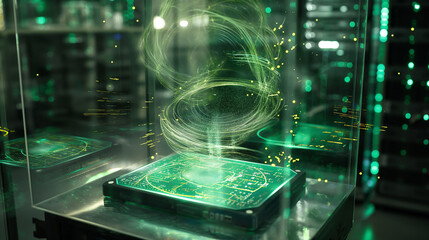 Wall Mural - holographic data streams and codes swirling around a transparent server rack in a high-tech lab, sym