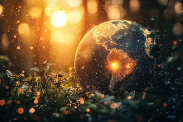 Wall Mural - glowing globe of the earth is surrounded by a forest of trees. the globe is lit up with a bright lig