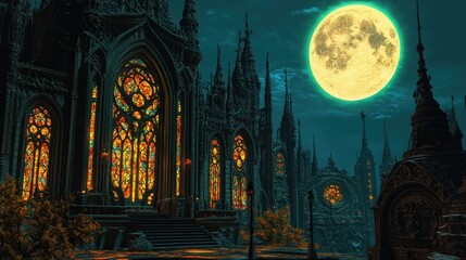 Wall Mural - A mystical gothic landscape featuring ornate architecture and a glowing full moon.