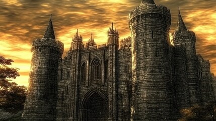 Wall Mural - A majestic stone castle with tall towers set against a dramatic sunset sky.