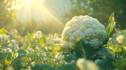 Wall Mural - Photo of a white cauliflower head in the field