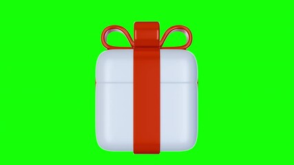 White gift box with red bow rotation on green background. Realistic design element for birthday, celebration, holiday. 3d animation.