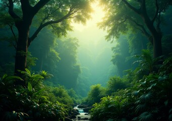 Wall Mural - Enchanted forest pathway illuminated by morning sunlight in a tropical landscape