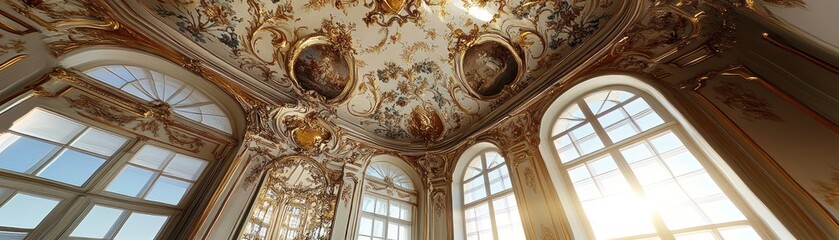 Poster - Ornate ceiling and windows in a grand interior, showcasing elegance and natural light.