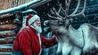 © steve - Santa Claus playing with his reindeer, surrounded by falling snowflakes Highlighting joy and the Christmas winter atmosphere