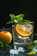 Wall Mural - Refreshing drink with lemon and mint beside a fresh apple on a dark background