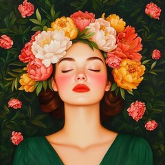 Retro female concept. A serene portrait of a woman surrounded by vibrant flowers, embodying tranquility and beauty in nature.