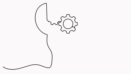 Wall Mural - head with gear wheel inside video. animated cogwheel continuous one line drawing. robot symbol. movi