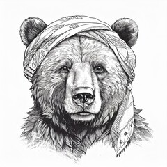 Wall Mural - illustration of a bear with headscarf on painted ink sketch drawing isolated on white background