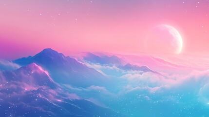 Pink and blue fantasy mountainscape with crescent moon and stars