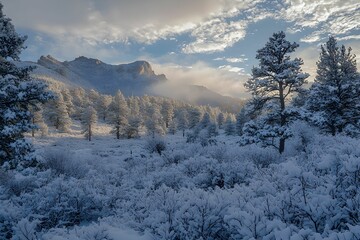 Wall Mural - Winter landscape with snow-covered trees and mountains at dawn