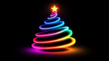 Wall Mural - colorful christmas tree with a star on top. the tree is lit up and he is glowing