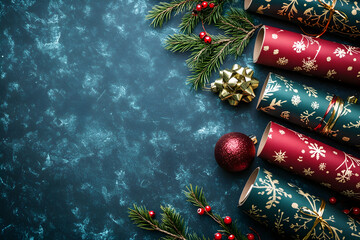 Wall Mural - seasonal wrapping paper rolls laid out on a festive background for holiday preparations . image