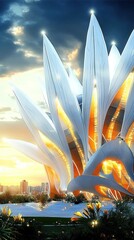 Poster - A futuristic building resembling a flower, illuminated at sunset with a city backdrop.