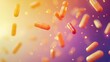 © AiPhotoSale - Capsules in various colors and sizes float through a vivid background filled with soft hues of orange and purple, creating a dynamic and artistic atmosphere ideal for health and wellness themes.