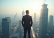 © puruan - Business professional stands on a rooftop overlooking a city skyline at sunrise