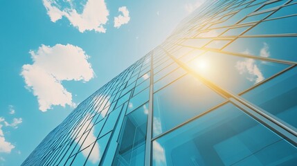 Aufkleber - Sunlight reflecting on modern glass skyscraper under blue sky and clouds