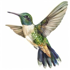 Wall Mural - Colorful hummingbird with iridescent green feathers and long beak flying, showing off its beauty