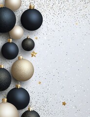 Poster - Decorative black and gold Christmas ornaments on a white background with glitter