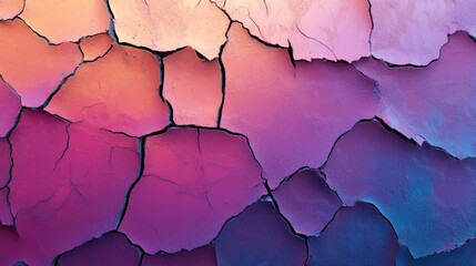 Cracked paint texture featuring vibrant hues of pink, purple, and blue, showcasing a dried oil paint effect with intricate fissures and layers.